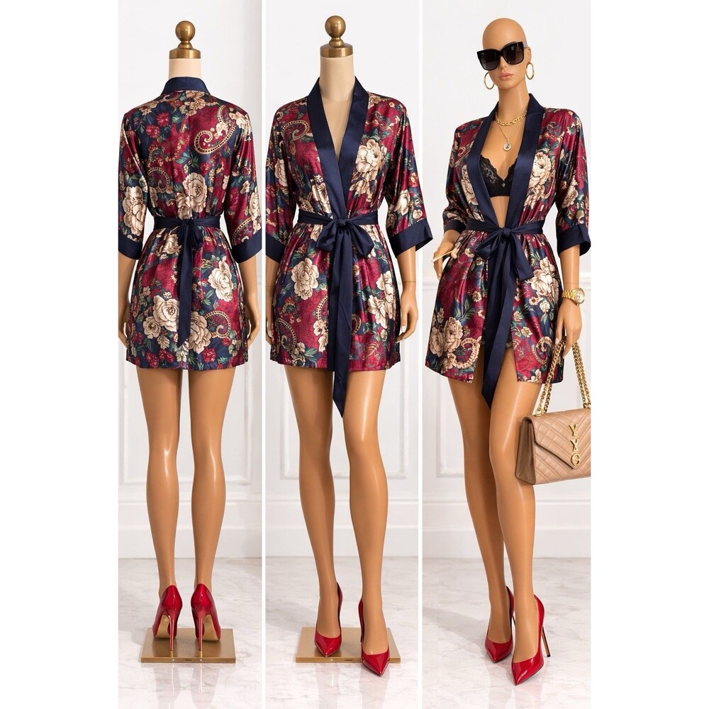 VTG California Dynasty Women M/L Floral Paisley Satin Wrap Robe Boho Lounge Shor